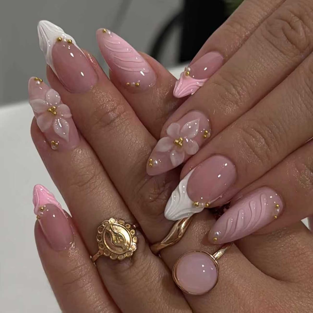 French Tip Almond Press-On Nails - Cat's Eye Acrylic with 3D Charms | 24 Pcs Set