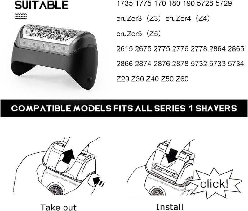 10B Series 1 Replacement Foil & Cutter Compatible with Braun Series 1 Replacement Head for Braun Series 1000/2000 Electric Razors for Shaver 180 190 1735 1775 5728 5729 170S