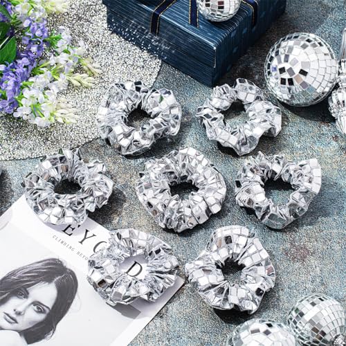 Lyrow 12 Pack Silver Disco Sequin Hair Scrunchies - Party Accessories