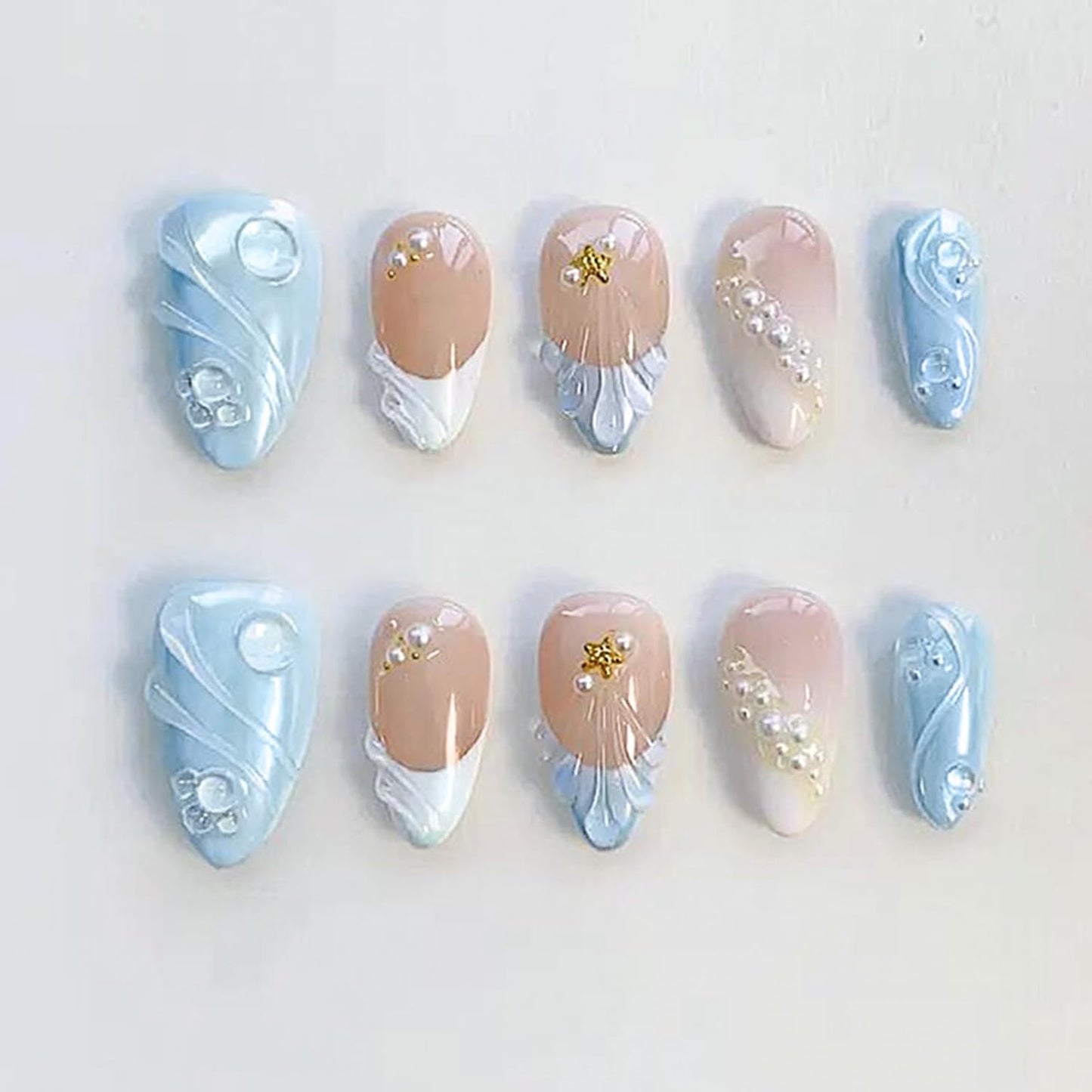 French Tip Press On Nails - Short Almond 3D Pearl & Starfish Design | Blue White Acrylic Full Cover for DIY Manicure