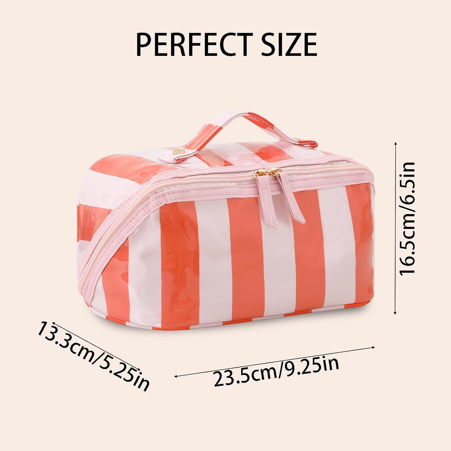 Stripe Travel Makeup Bag - Waterproof Cosmetic Organizer with Compartments | Pink-Orange