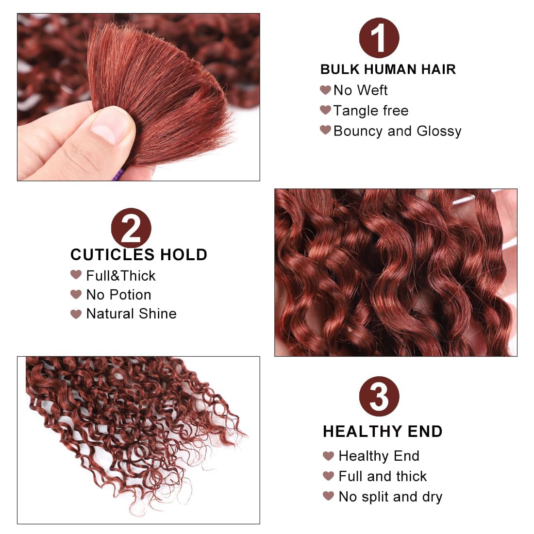 Color 33 Human Braiding Hair for Boho Braids 22 22 22 inch Reddish Brown Curly Boho Hair for Braiding Knotless 10A Deep Wave Bulk Bohemian 3 Bundles 150g