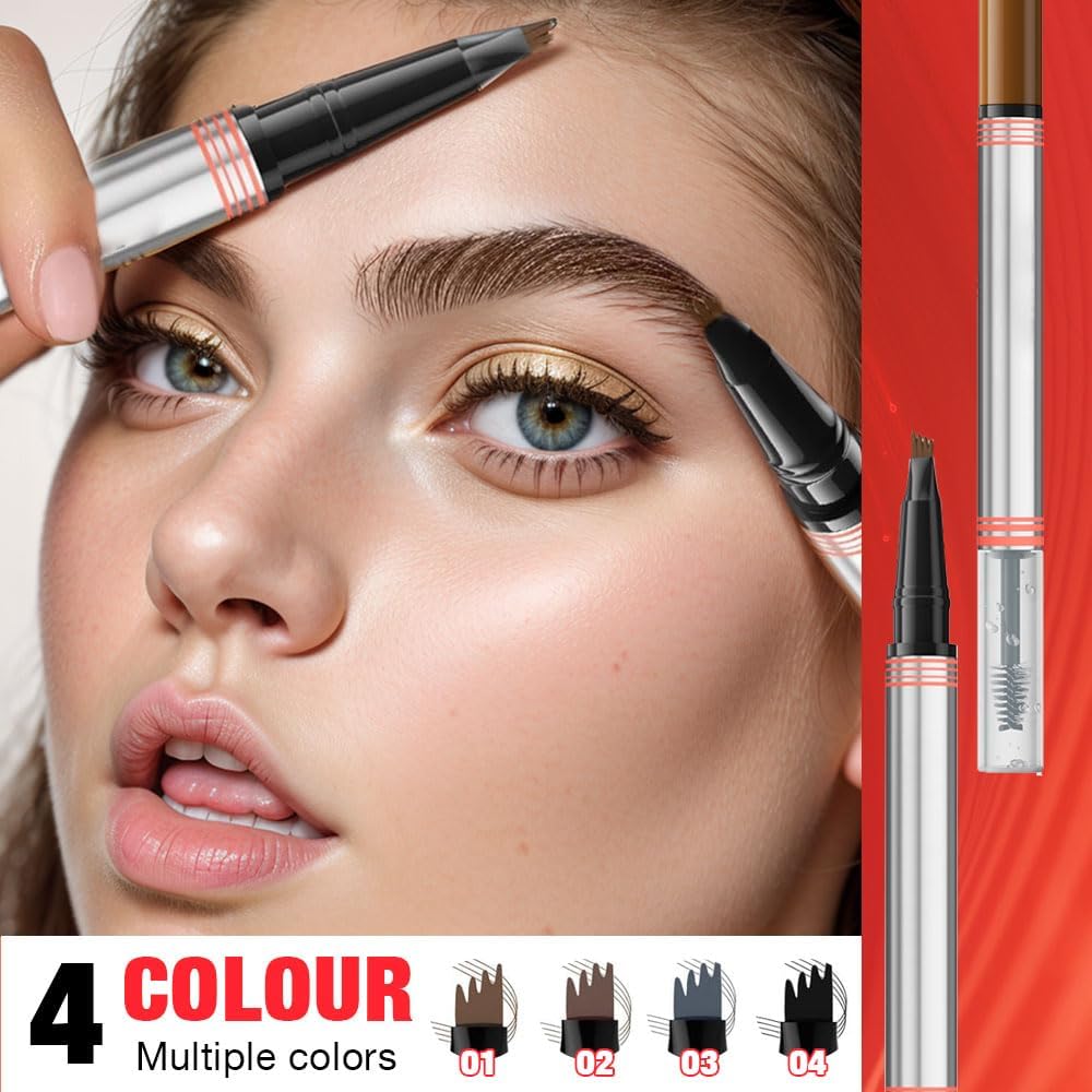 Eyebrow Pencils for Women, 2-in-1 Eyebrow Pen with Gel, 3D Microblading Eyebrow Pencil with 4 Tip & Eyebrow Brush, Waterproof Long-Lasting (Dark brown)