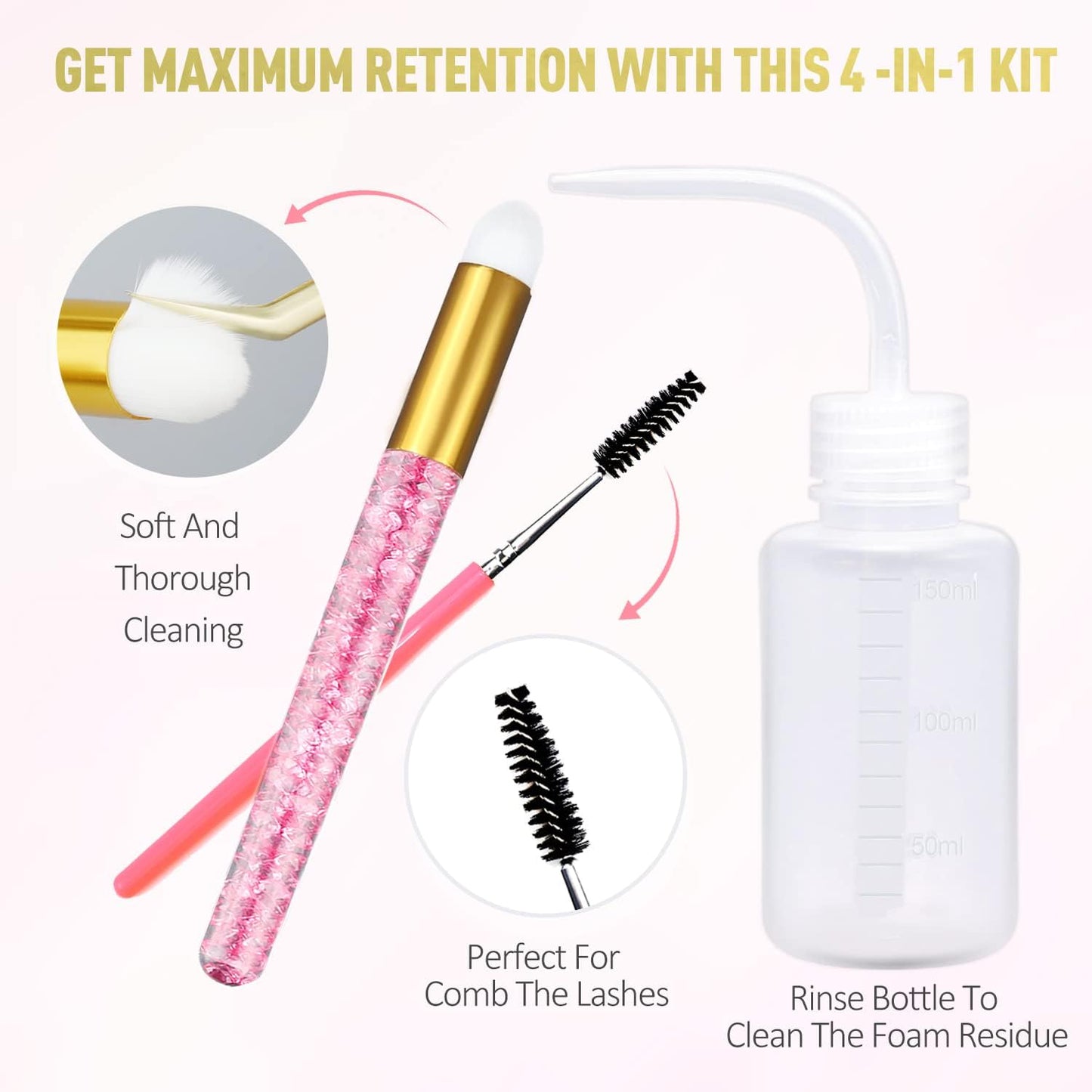EMEDA Lash Shampoo Kit - 3.38 fl.oz / 100ml Gentle Foam Lash Cleanser, Oil-Free Cleaning for Wash Extension/Natural Eyelash Bath with Rinse Bottle Lash Brush
