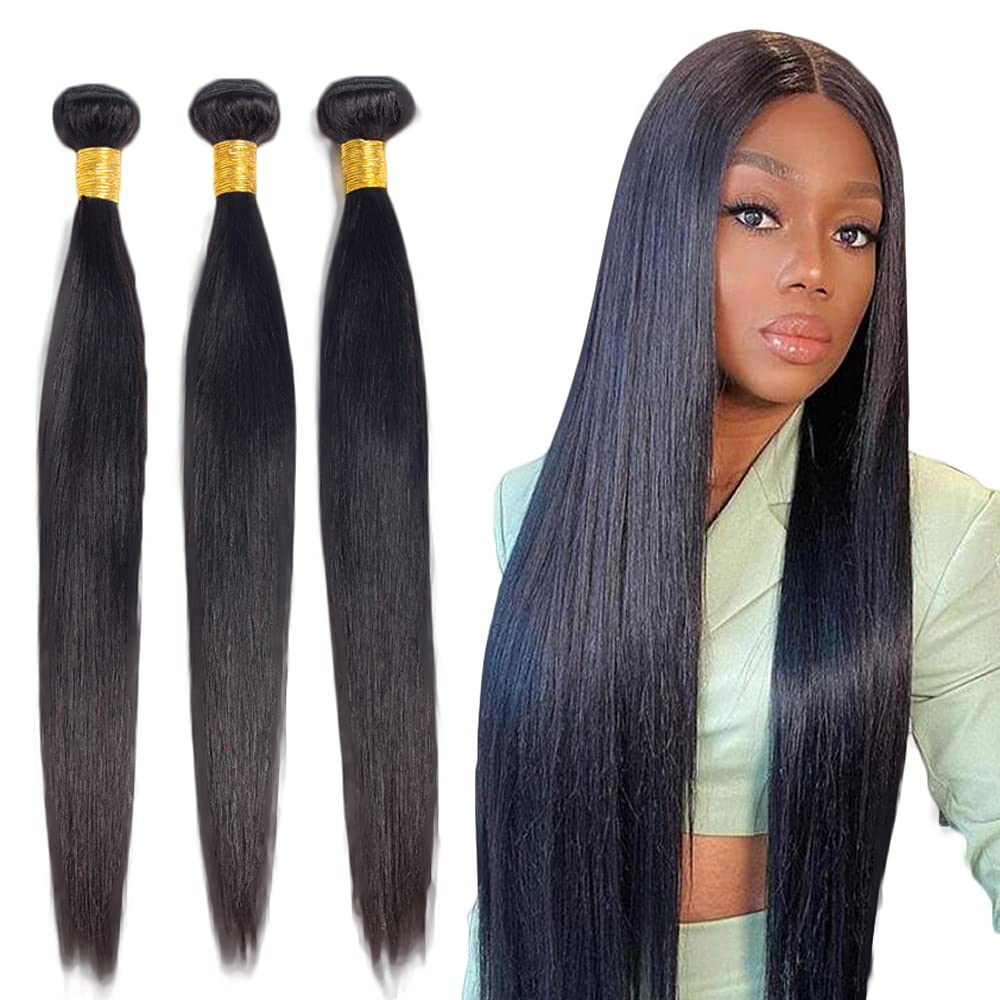 Human Hair Bundles #1B Straight Bundles 34 34 34 Inch Unprocessed Brazilian Virgin Hair Natural Color 3 Bundle 50 Gram Per Bundle Deals Quick Weave Hair Extensions