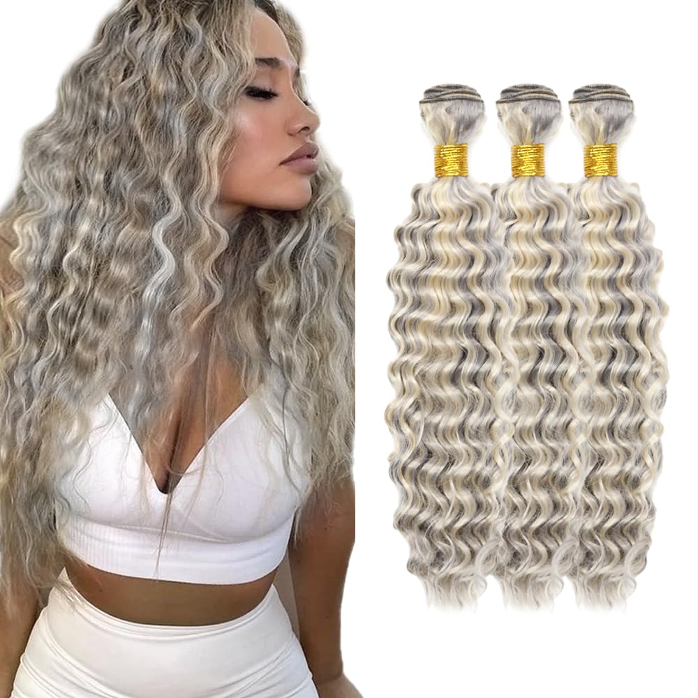Grey Bundle Silver Deep Wave Human Hair Bundles Grey/613 Deep Wave Bundle 22 24 26 Inch Brazilian Unprocessed Virgin Hair 3 Bundles