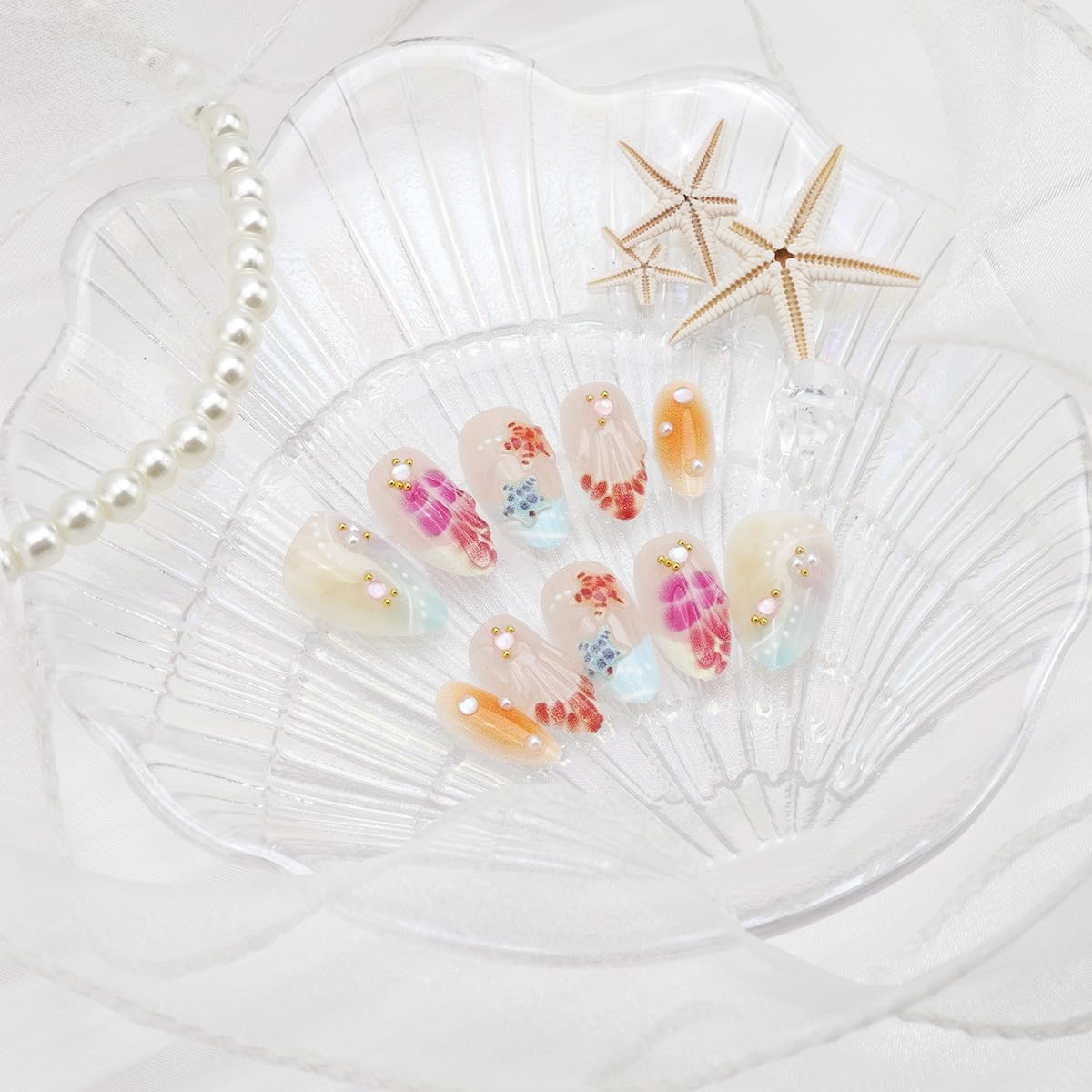 30Pcs Summer Beach Press on Nails Short Almond Fake Nails 3D Shell Starfish ＆Gold Gems Rhinestones Designs Full Cover French Tip Stick on Nails Ocean False Nails for Women Acrylic Manicure DIY