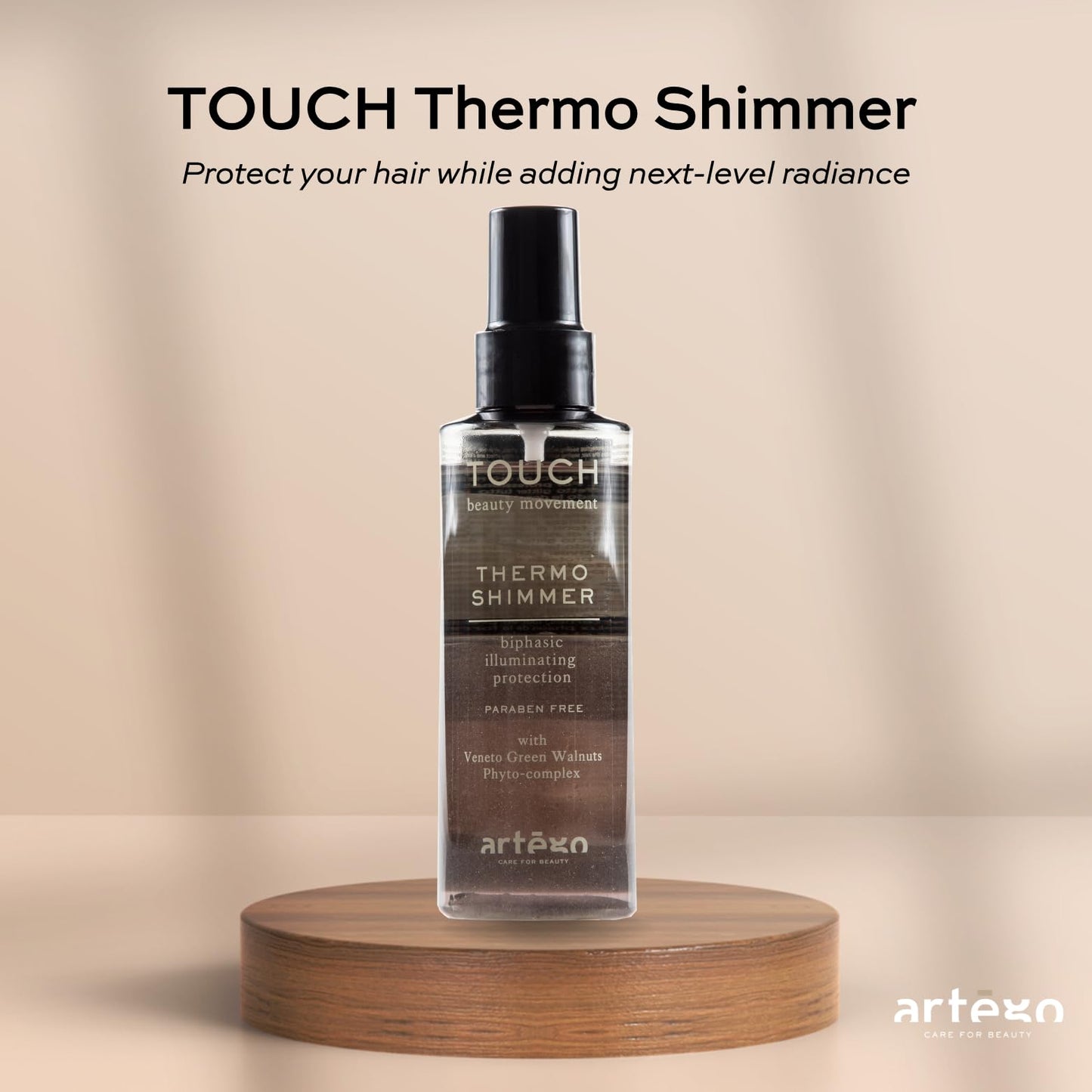 Artègo TOUCH Thermo Shimmer Spray (5.1 oz) – Biphasic Heat Protection & Shine Spray for Smooth, Glossy, Frizz-Free Hair