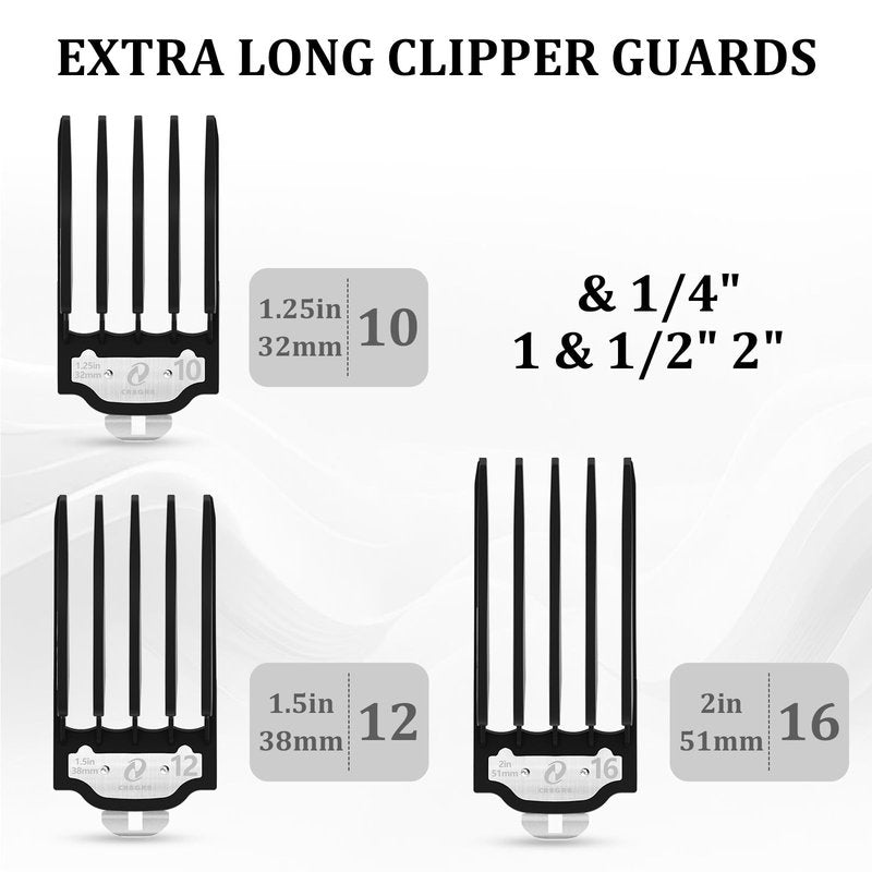 Clipper Guards Set with Metal Clip, Hair Clipper Attachment for Wahl Clippers, 3 Cutting Lengths 1.25 Inch, 1.5 Inch, 2 Inch, Extra Long 10 12 16 Guard, Black