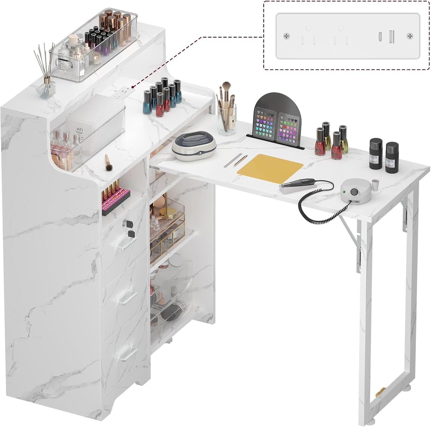 Foldable Nail Desk - L Shape Manicure Table with Drawer & Charging Station | Portable Beauty Salon Workstation (White)