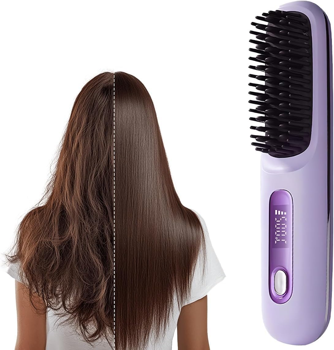 Go Brush Pro Cordless Straightening Brush for Short Hair - Fast Heat, 3 Temp Settings, Ionic & Ceramic Care | USB-C Rechargeable (Purple)