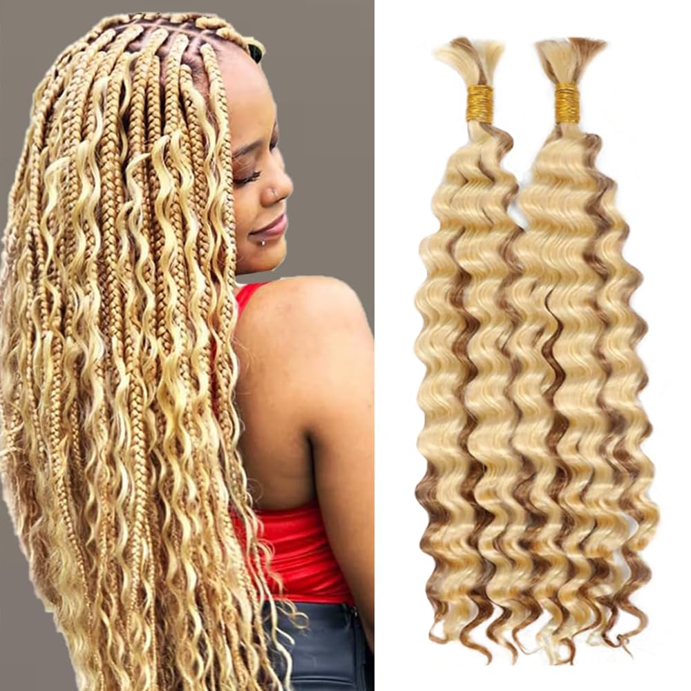 613 Braiding Hair 2 Bundles 110g 18 Inch Deep Wave Bulk Human Hair Braiding Wet and Wavy Human Braiding Hair for Boho Braids 27/613 Curly Human Hair Extensions No Weft 2 Braids