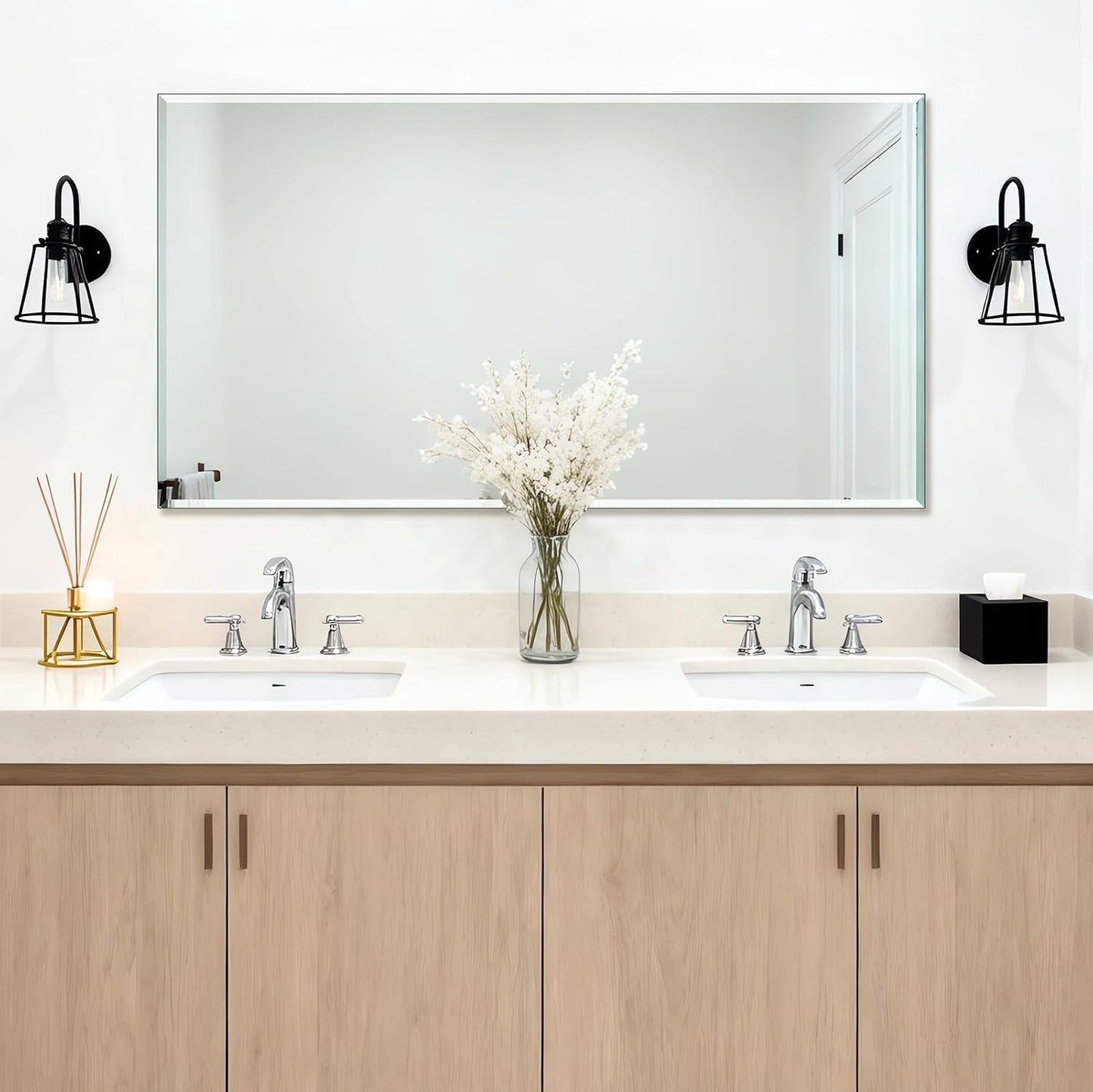 Frameless Bathroom Mirror - Rectangle Beveled Edge, Shatterproof Tempered Glass | 24" x 16" for Versatile Hanging