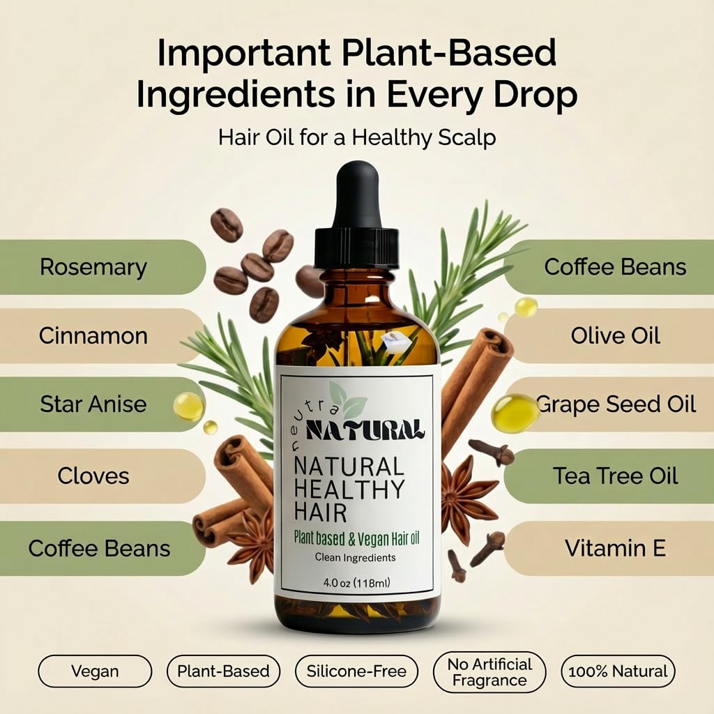 Neutra Natural - Scalp Oil, Hair serum,Botanical Blend Rosemary Hair Growth Oil with Castor Oil and Vitamin E for Thicker-Looking Hair, Plant-Based, Vegan