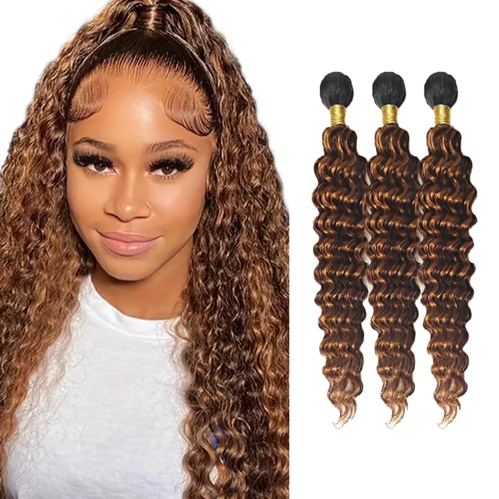 Highlight Brown Human Hair Bundles Ombre Brown Bundles #4 Deep Wave Bundle 16 18 20 inch P4/30 Deep Wave Bundle 150g