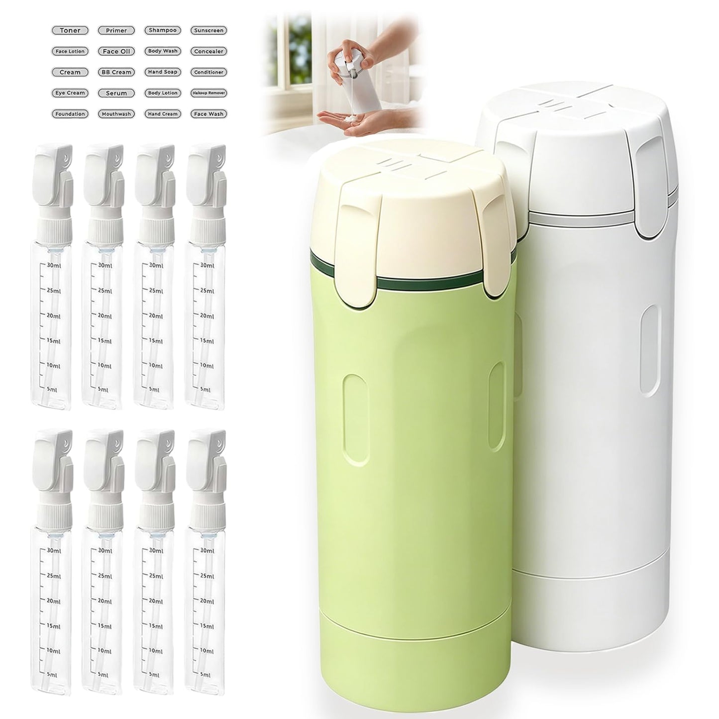 Sniqafo 4 in 1 Travel Dispenser Bottle, Portable Refillable Travel Size Containers with Labels for Shampoo Lotion Conditioner, Perfect for Gym Camping Business Trip Vacation (2 Pack, White+Green)