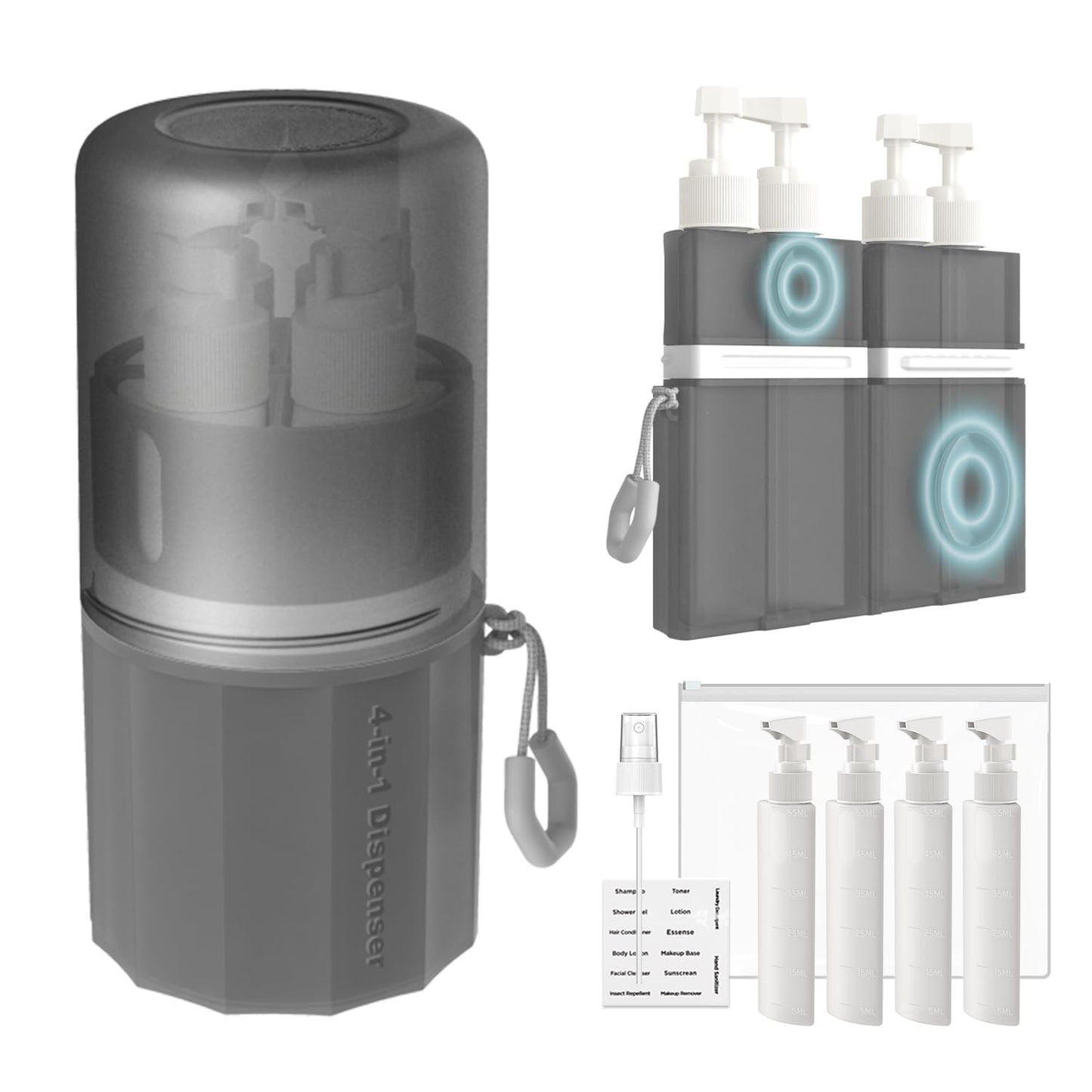 AnOis7ter 4 in 1 Travel Dispenser Bottle, TSA Approved Refillable Shampoo and Conditioner Bottles Set with Suction Cup for Smooth Walls, Travel Size Toiletries Container for Body Wash/Lotion.(Grey)