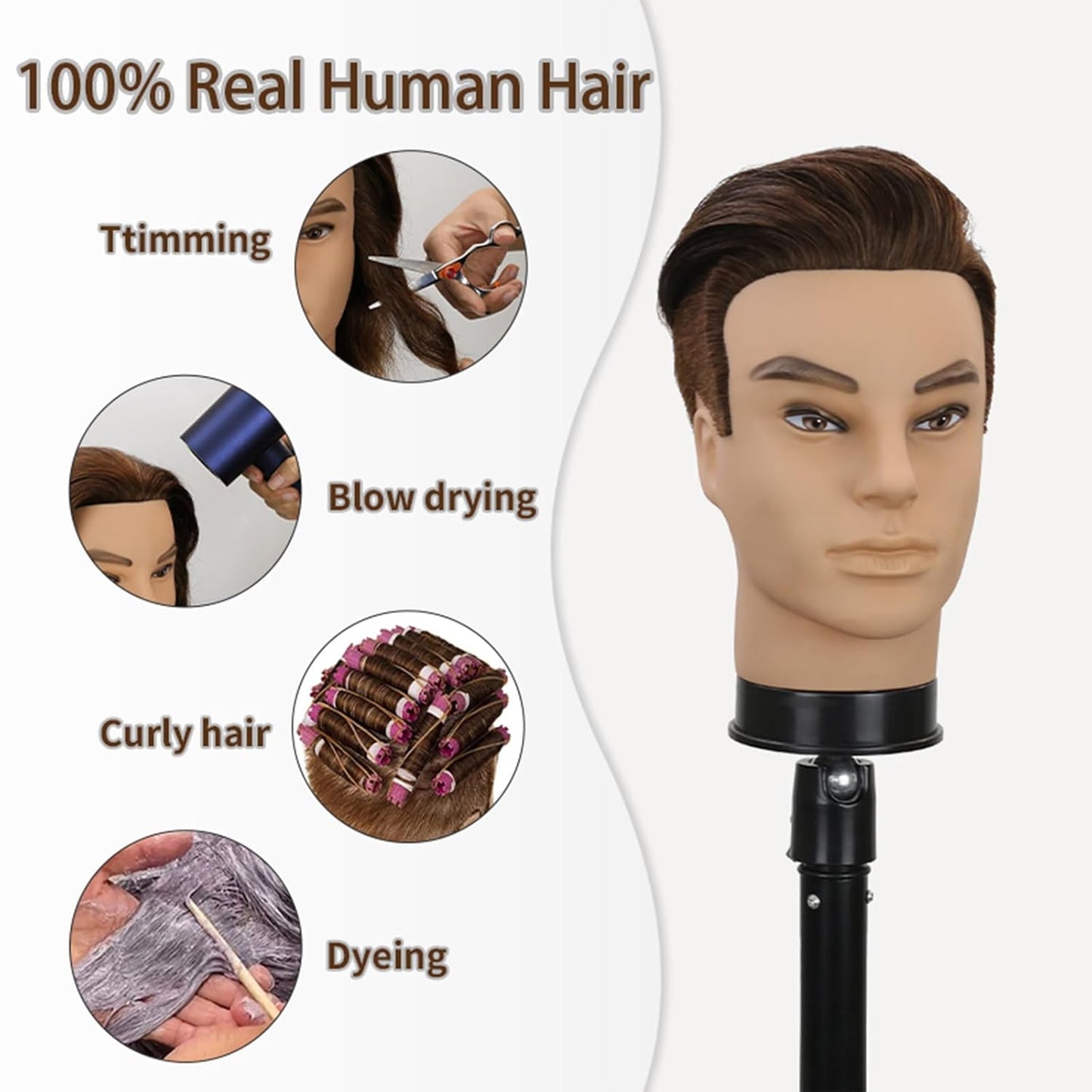 Male Barber Mannequin Head - 12-Inch Real Human Hair Styling Practice Doll | Haircut & Hairdresser Training Tool