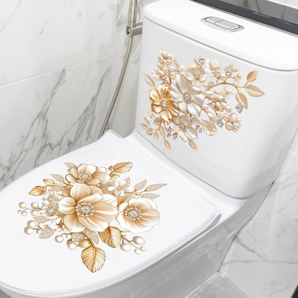Golden Peony Flowers Toilet Cover Sticker Decals - Self-Adhesive Bathroom Wall Decor | Easy to Apply