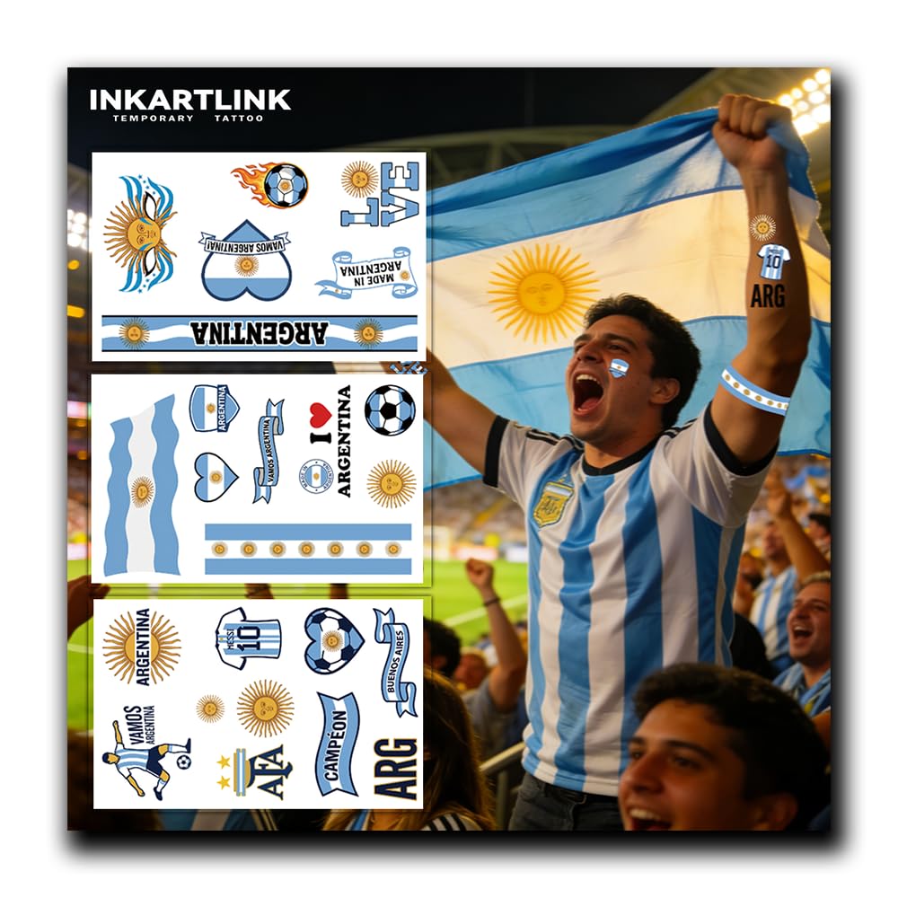 INKARTLINK 3 Sheets Flag Temporary Tattoos for National Celebrations & Sports Events, Country Flag Face Tattoos for World Cup, Independence Day & Party Decor (Argentina)