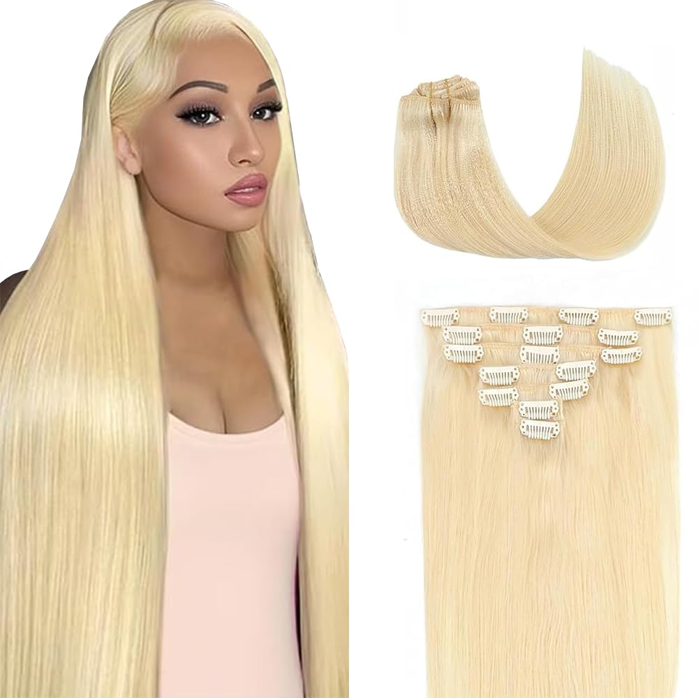 28 Inch #613 Clip in Hair Extensions Real Human Hair 120g/7Pcs,Full Shine Honey Blonde Remy Human Hair,#613 Blonde Straight Clip ins Brazilian Virgin Human Hair Extensions