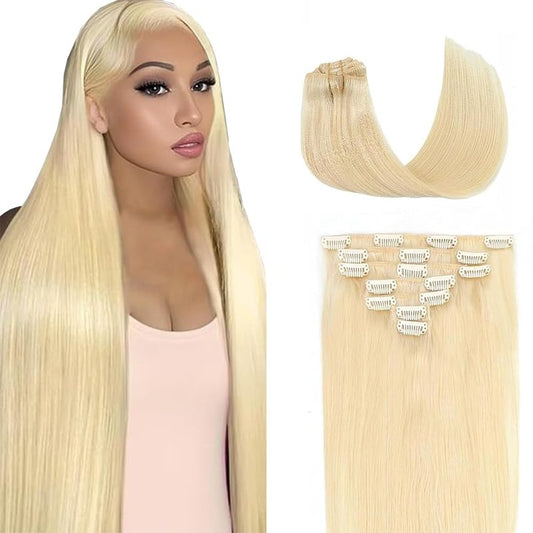 28 Inch #613 Clip in Hair Extensions Real Human Hair 120g/7Pcs,Full Shine Honey Blonde Remy Human Hair,#613 Blonde Straight Clip ins Brazilian Virgin Human Hair Extensions
