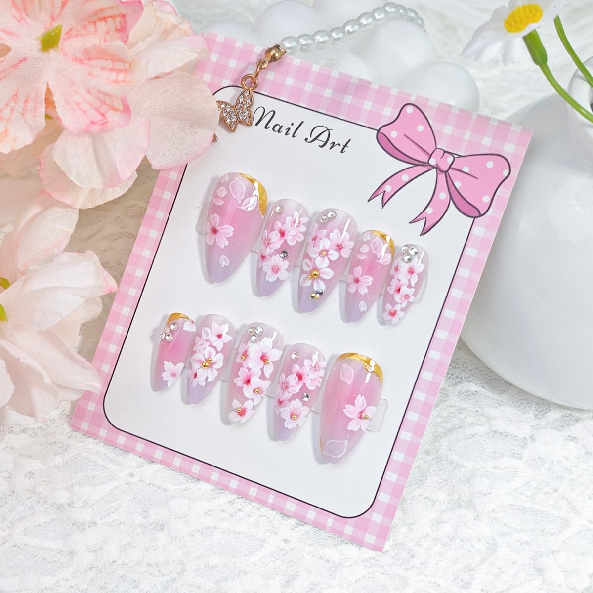Pink Flower Press-On Nails - Medium Almond Floral Design with Rhinestones & Glitter | 24 Pcs Full Cover Acrylic Nails