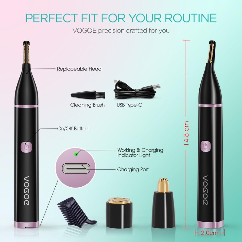 VOGOE Eyebrow Trimmer for Women, 3-in-1 Electric Eyebrow Razor & Facial Hair Remover, Painless Rechargeable & Portable for Brows, Peach Fuzz, Lips and Chin (Black)