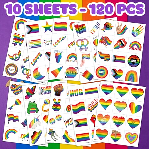 120 Pack Rainbow Pride Temporary Tattoos for LGBTQ Events & Festivals