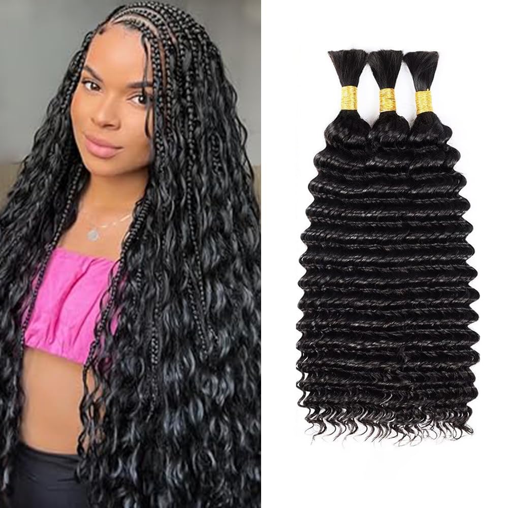 24 24 24 Inch Bulk Human Hair for Braiding Deep Wave 1B Natural Black Color Human Braiding Hair Extensions for Boho Braids Deep Wave Virgin Curly Bulk 3 Bundles Total 150g