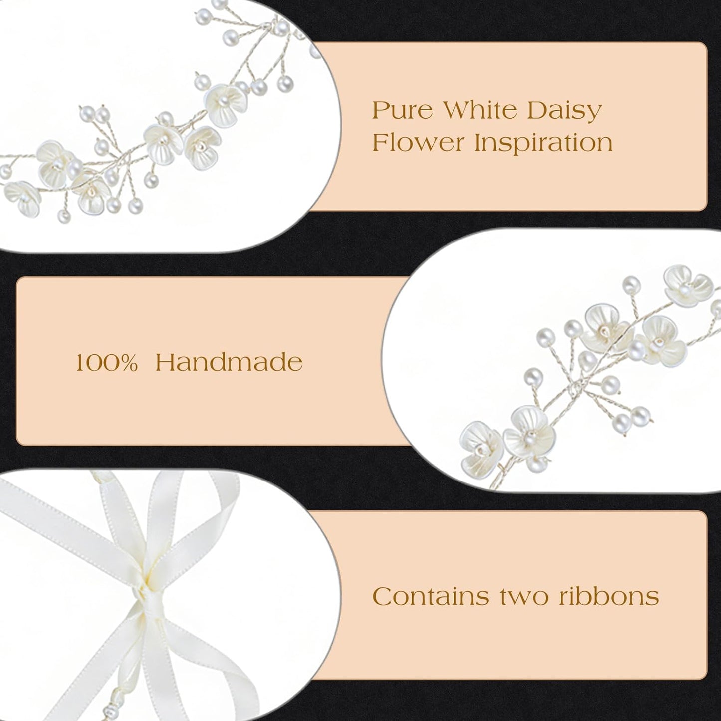 527&huan White Flowers Pearls Bridal Headband, Handmade Silver Wire Woven Wedding Hair Vine with Satin Ribbon, Lightweight Wedding Hair Accessory for Bride Flower Girl Bridesmaid Prom Pageant