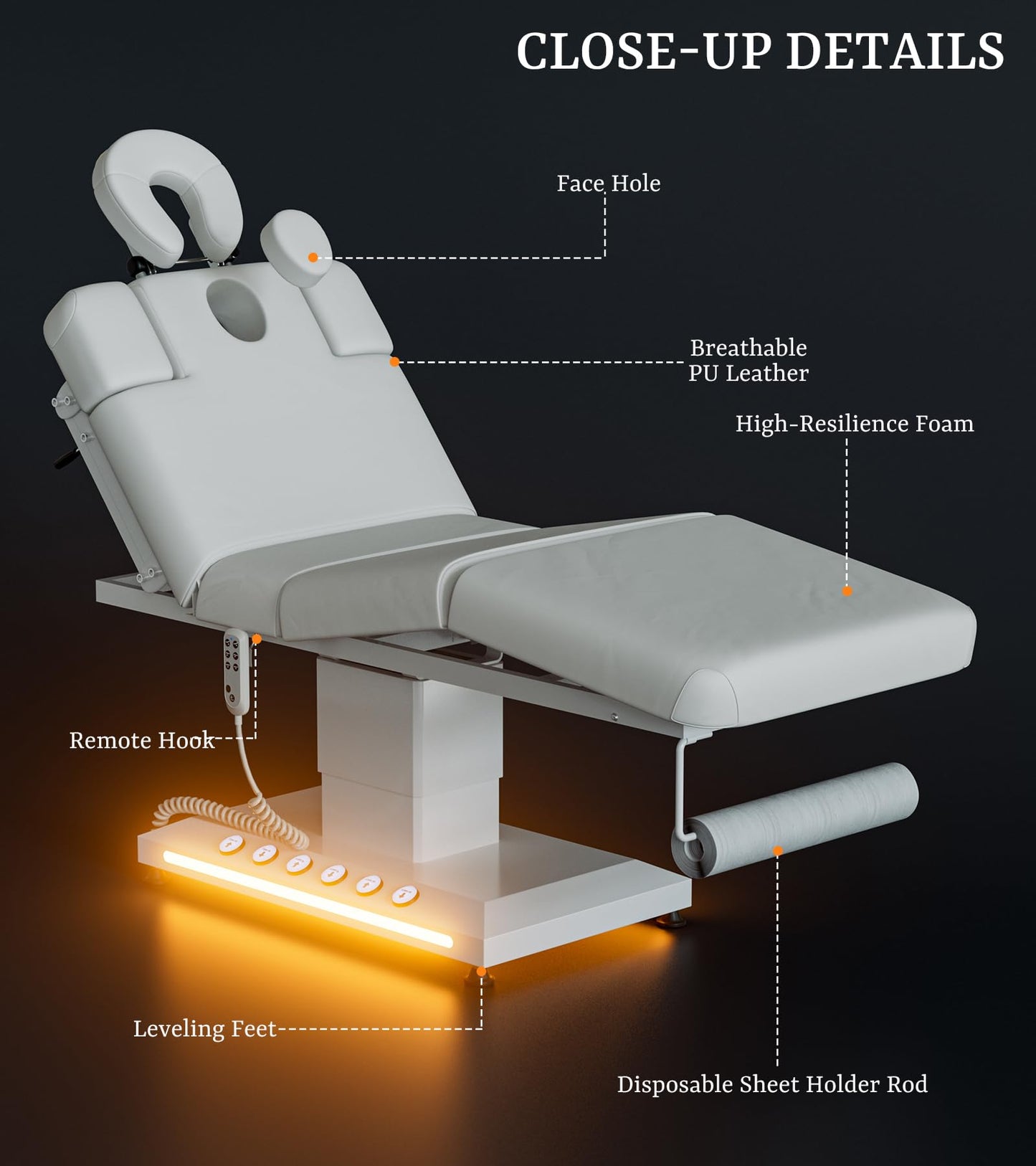 Icoget Professional Full Electric Spa Massage Treatment Table with Independent Leg Adjustment and Face Cradle for Beauty, White