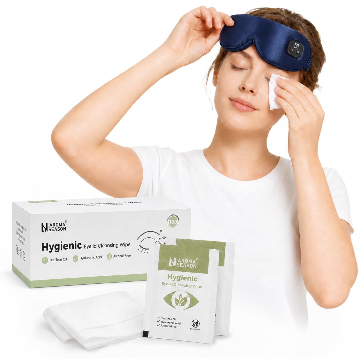 Aroma Season Eyelid Cleansing Wipes - Tea Tree Oil & Hyaluronic Acid, 50 Count | Alcohol-Free