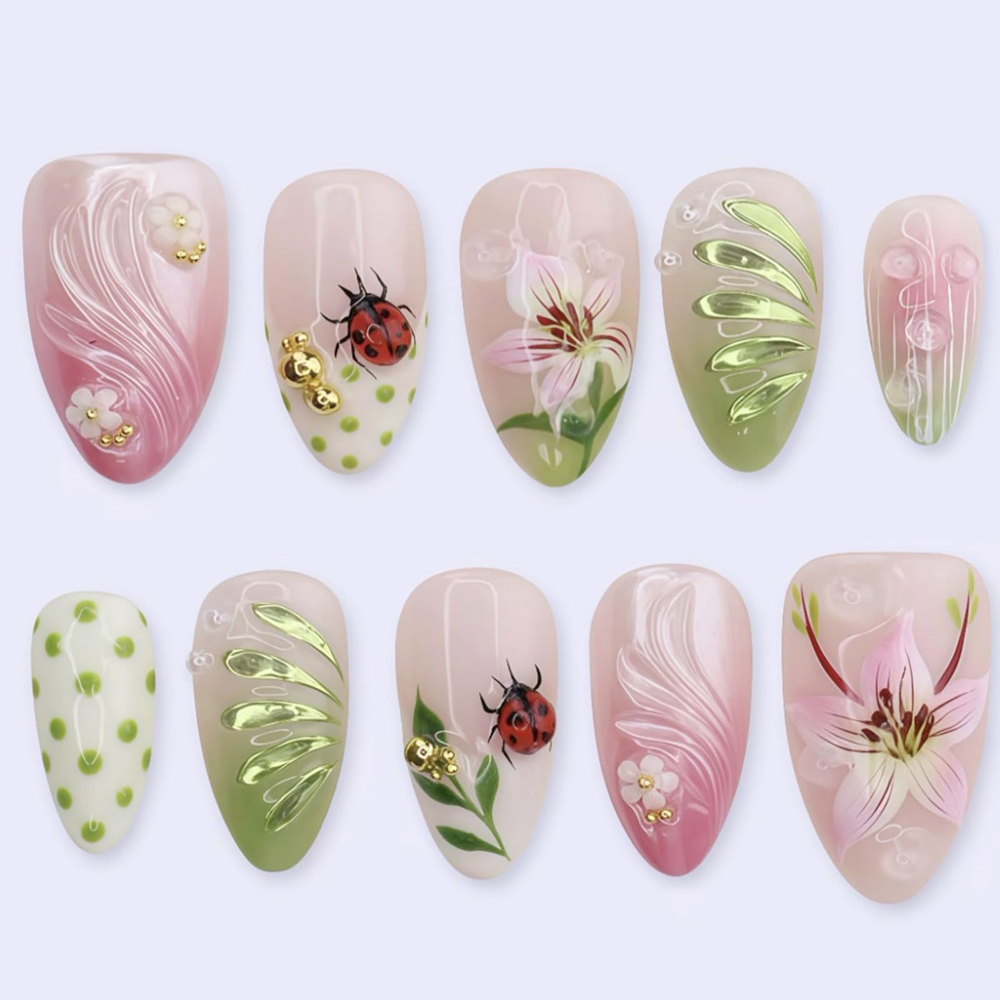 30Pcs Summer Short Almond Press On Nails Pink Green Gradient False Nails with Floral Leaf Ladybug & Polka Dots Design Cute Glue on Nails 3D Flower Acrylic Fake Nails Full Cover Stick On Nail for Women