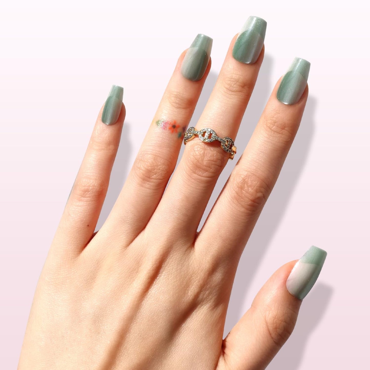Nail Reformation Press On Nails, Tropicool | Green Short Coffin Fake Nails with Velvet Cat Eye in Glossy Finish, Salon Quality, Reusable Stick On Nails in 15 Sizes - 30 Nail Kit, Gifts for Women