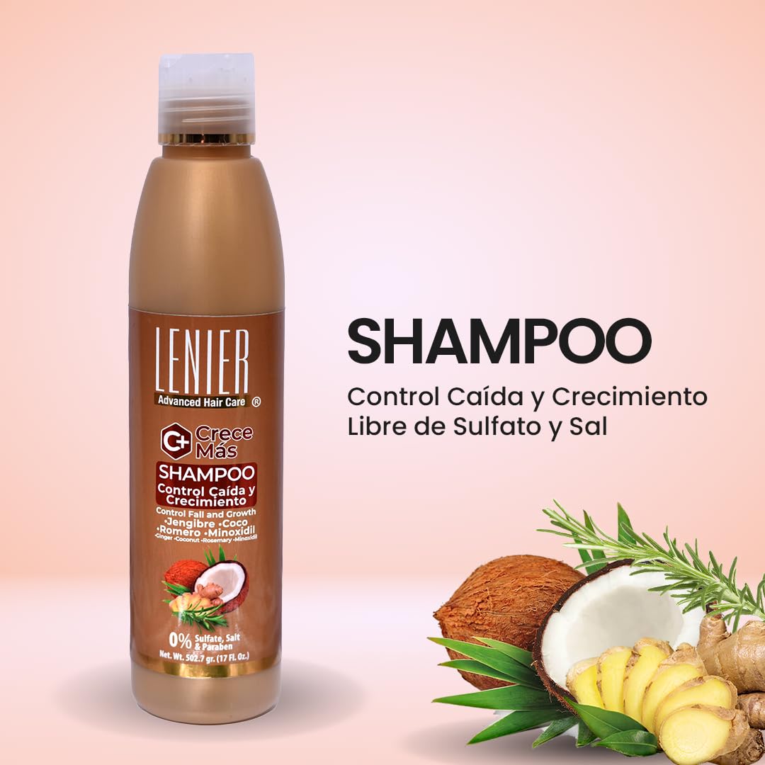Lenier Crece Más Hair Growth Bundle | 3 Items | Shampoo 17 oz, Hair Mask 16 oz & Leave In Conditioner 10 oz | Ginger, Coconut Oil & Rosemary | Sulfate Free Hair Care System
