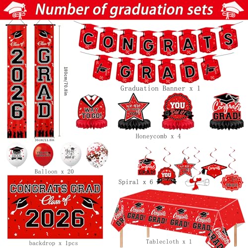 Class of 2026 Graduation Party Decorations Set - Red & Black Theme