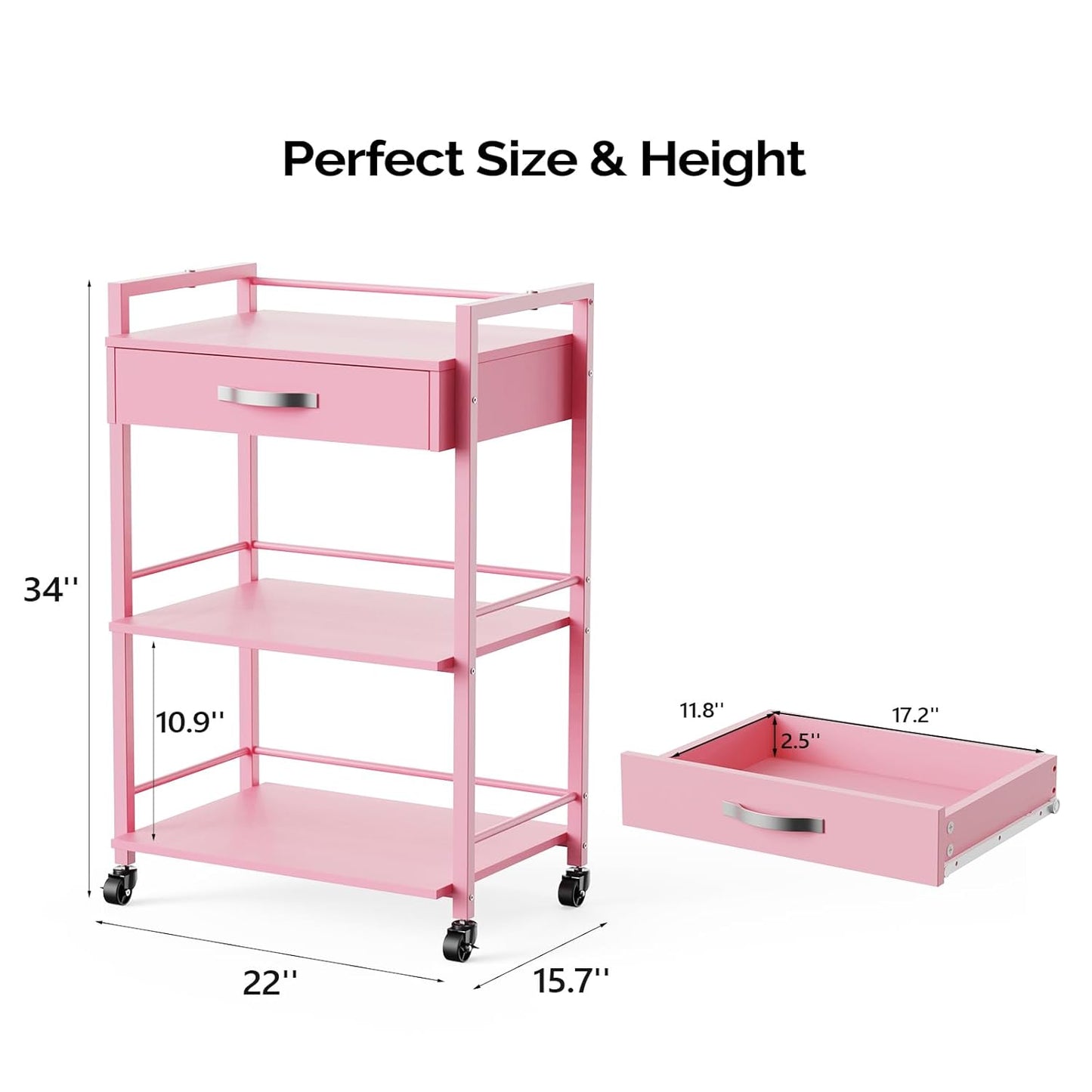 Salon Trolley Cart - Wooden Rolling Storage Station for Beauty | Mobile Utility Cabinet with 1 Drawer & 2 Trays, Pink