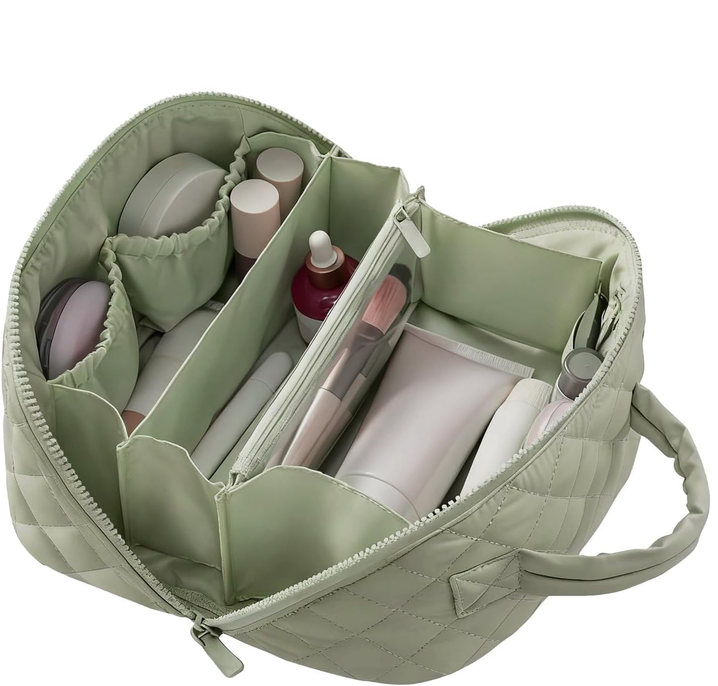 Amposei Makeup Bag Travel Toiletry Bag,Travel Makeup Bag for Women, Puffer Waterproof Cosmetic Organizer, Large Capacity Pouch Open Flat Small Toiletry Bag with Brush Compartment & Handle (Green)