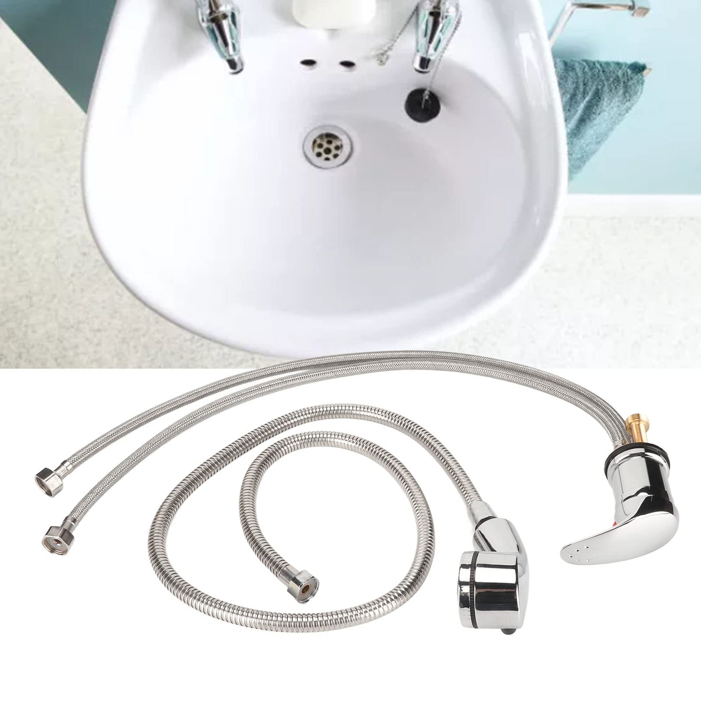 Salon Shampoo Sink Bowl Faucet and Sprayer Kit Ceramic Valve Sealing Hot Cold Shampoo Bed Faucet Sprayer Kit for Shampoo Bed Bowl Backwash Unit with Hose 1.2m