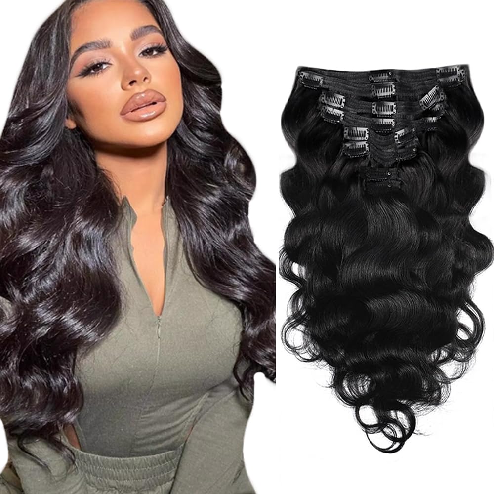 1B Black Clip in Hair Extensions Real Human Hair, 18 Inch 120g/7Pcs,Full Shine Remy Human Hair,Natural Black Body Wave Clip ins Brazilian Virgin Human Hair Extensions