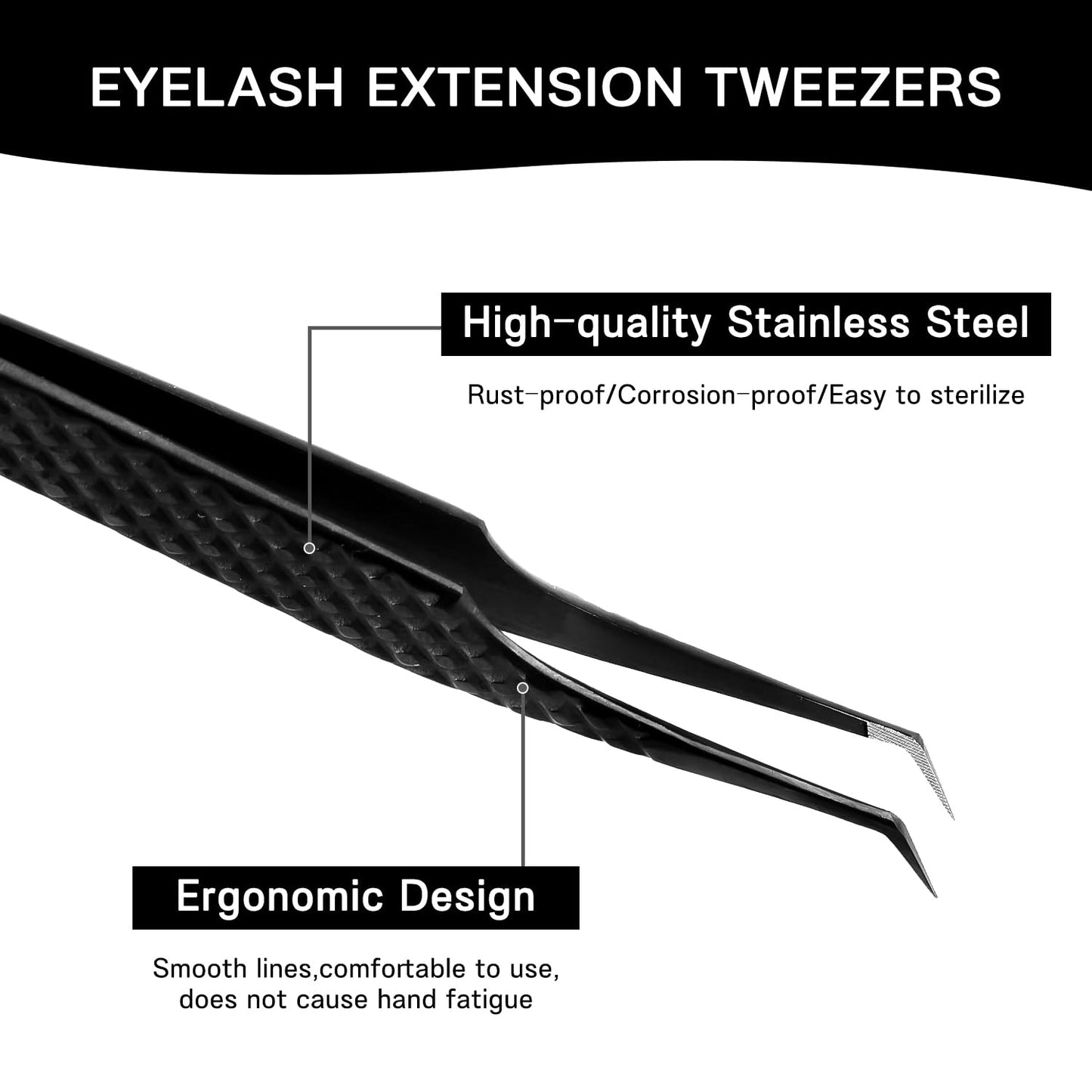 VAVALASH Lash Tweezers for Eyelash Extensions, Fiber Tip Diamond Grip 45 Degree Tweezers, Professional Precision Black Lash Tweezers for Volume & Classic Lashes