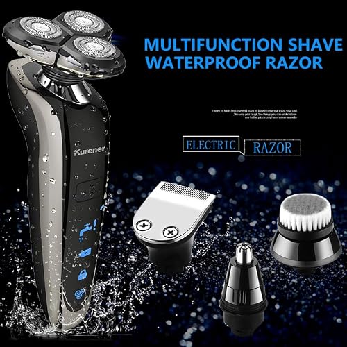 Kurener Electric Shaver Razor for Men Rechargeable 100% Waterproof Rotary for Shaving with Nose Trimmer Sideburns Trimmer Face Cleaning Brush