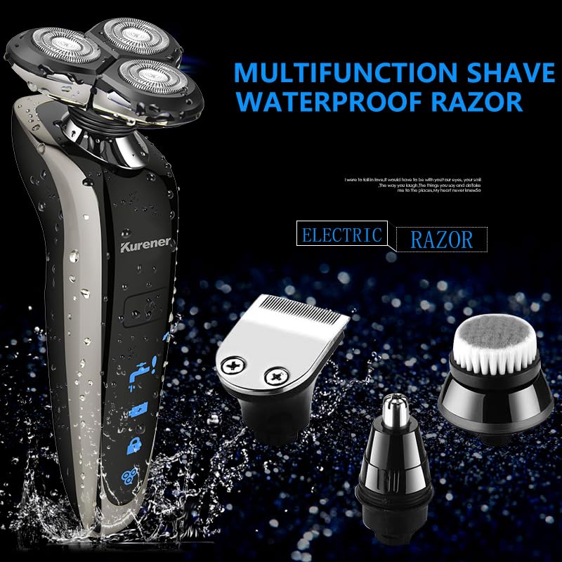 Electric Shaver Razor for Men - Rechargeable & 100% Waterproof Rotary Shaving with Nose & Sideburn Trimmers | Face Cleaning Brush