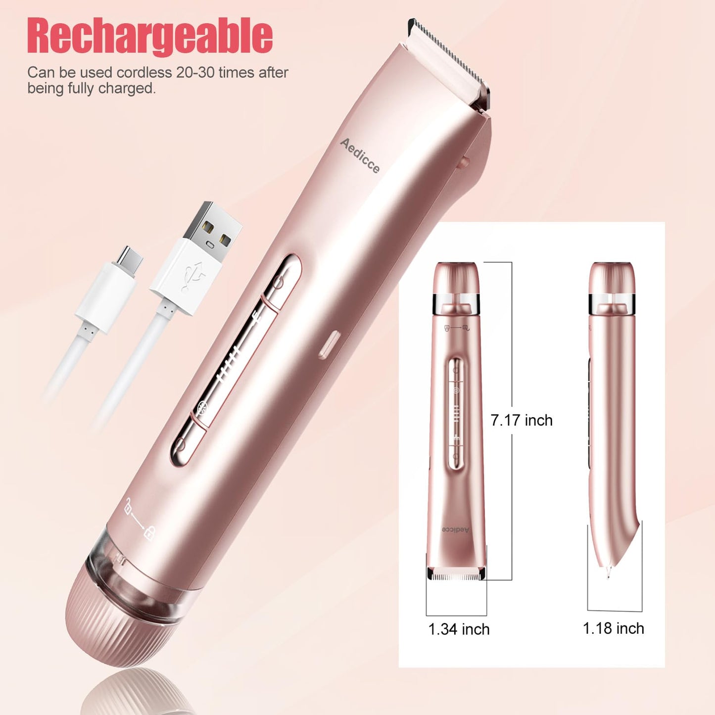 Bikini Trimmer for Women 2 in 1, Dual Head Womens Electric Shaver, Electric Razors for Pubic Hair, IPX7 Waterproof Rechargeable Facial Hair Removal for Shaving Underarm Leg Arm Body Face, Rose Gold