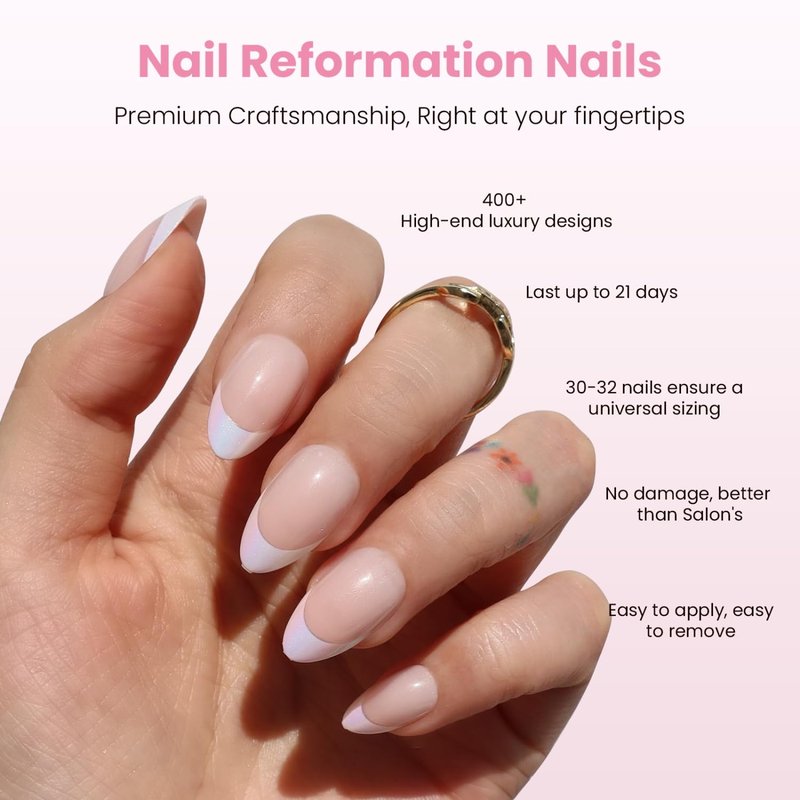 Press On Nails - Mirror Effect Short Almond Fake Nails | White French Tip on Pink Gradient Metallic Base, 16 Sizes - 32 Reusable Nail Kit for Women