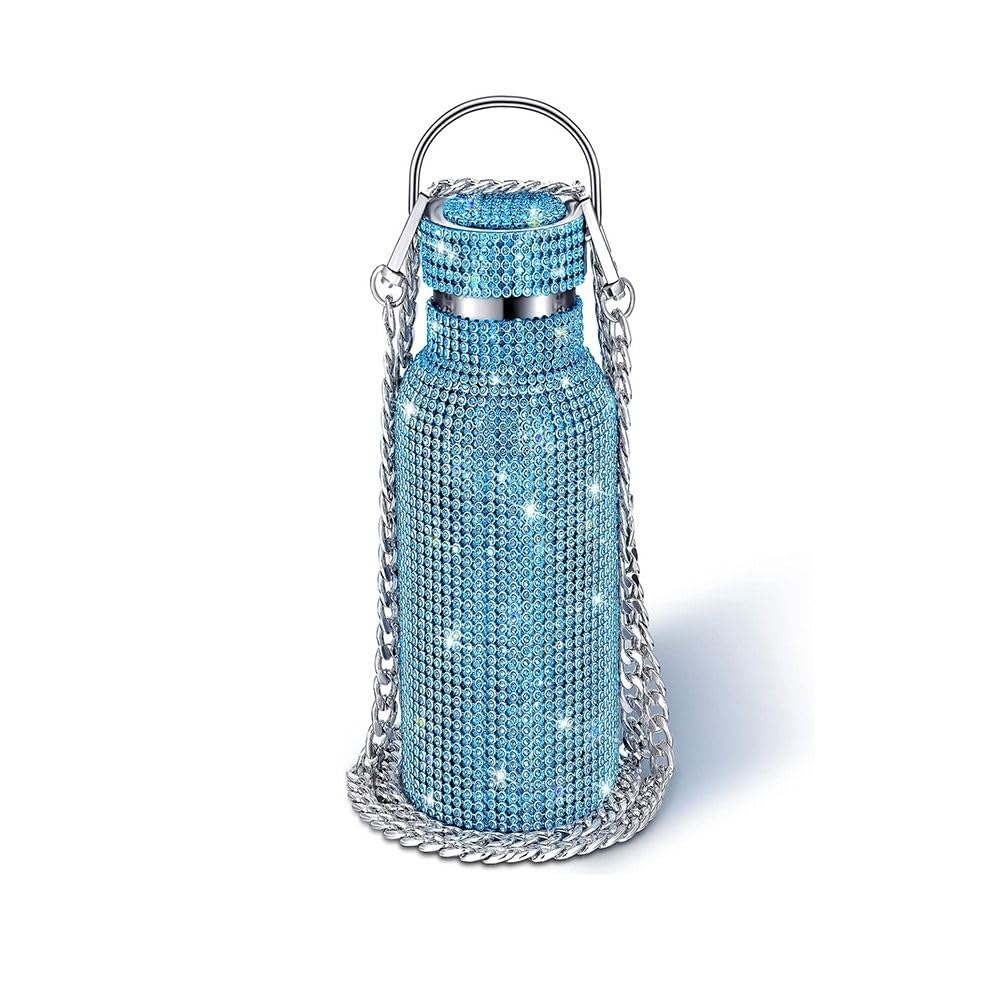 Rhinestones Water Bottle Rhinestone Water Bottle Glitter Tumbler, Thermal with Chain Bling Cups ﻿(350ml,Purple)