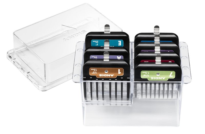 Andis 562014 Premium Clip Animal Comb Set – Built with Plastic, Includes 7 Color Coded Combs of Different Sizes, Metal Clip to Attach Comb - Fits Ultra Edge & Ceramic Edge Blades, Multicolor