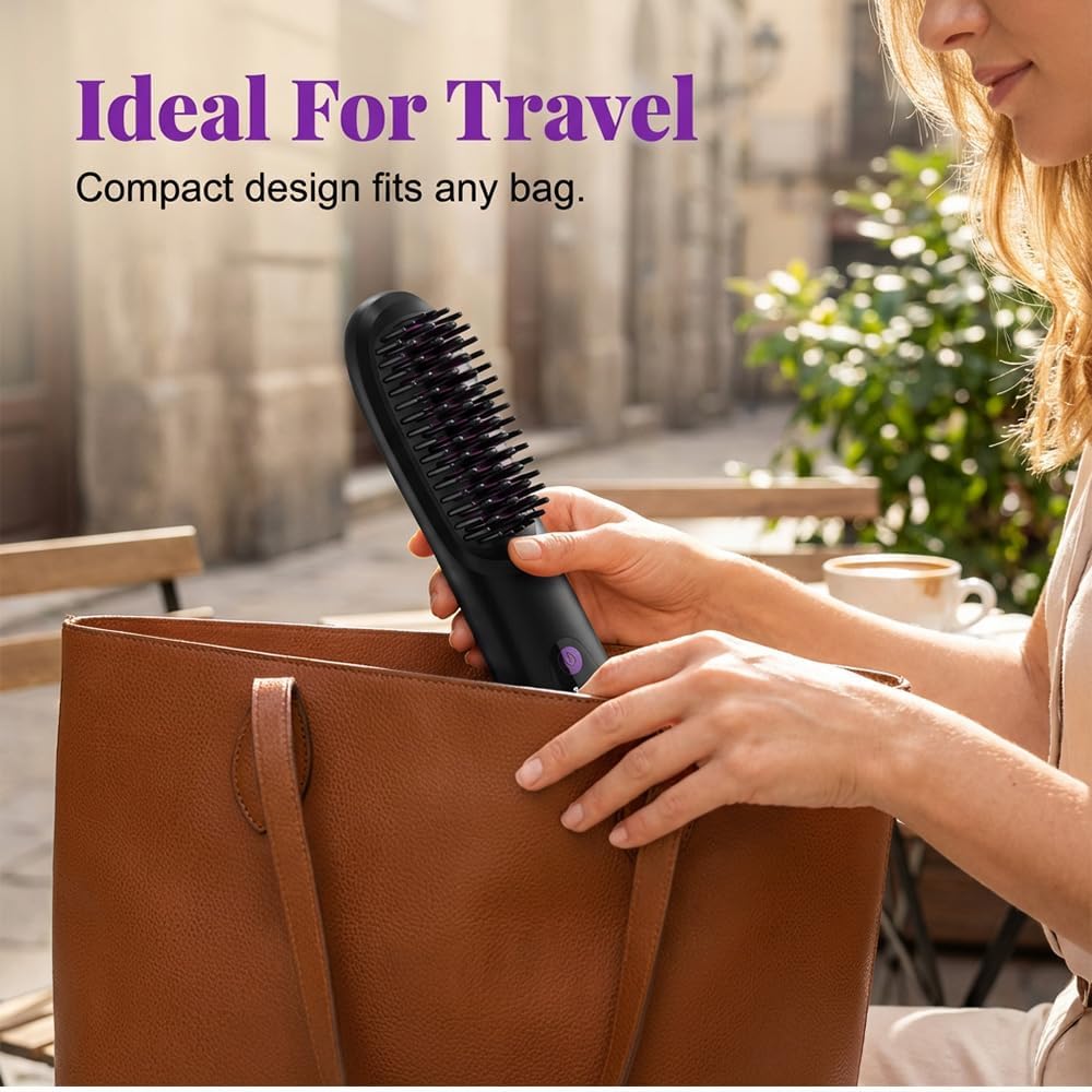 Cordless Hair Straightener Brush - Dual Charging, Compact Design for Home & Travel | Black
