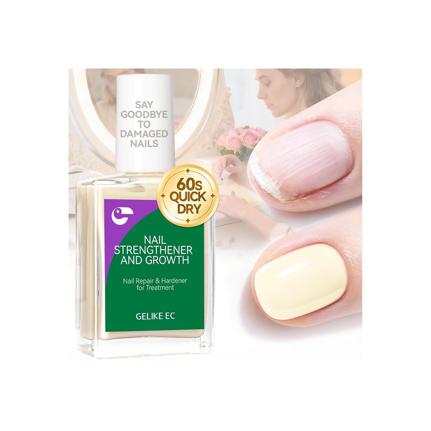 Nail Growth Strengthener - Gelike 6-in-1 Natural Hardener for Weak Nails | Nude Blush Color